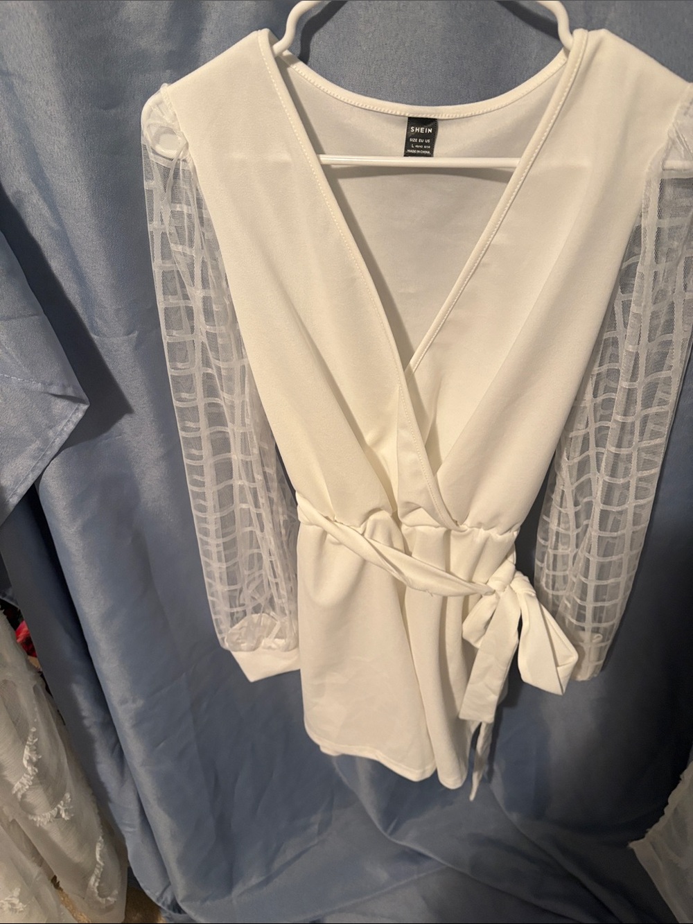 SHEIN Ivory Wrap Romper with Sheer Grid Sleeves